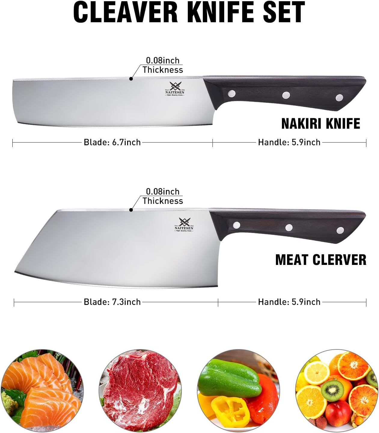Naitesen 2PCS Cleaver Knife Set, Razor Sharp Meat Cleaver Nakiri Knife for Meat Vegetable Cutting Kitchen Cooking Gifts for Men Women