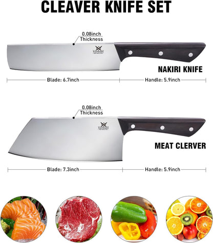 Naitesen 2PCS Cleaver Knife Set, Razor Sharp Meat Cleaver Nakiri Knife for Meat Vegetable Cutting Kitchen Cooking Gifts for Men Women