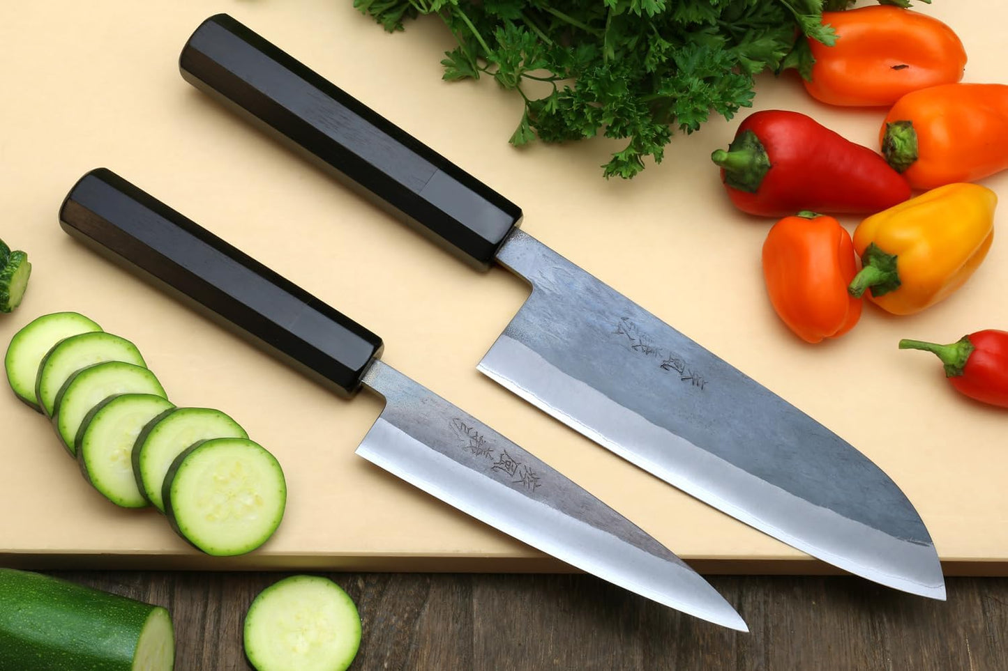 Yoshihiro Kurouchi Black-Forged Blue Steel Stainless Clad Santoku Chefs Knife and Petty Utility Knife 2pc Set Ebony Handle (Santoku 165mm / Petty 135mm & Saya Cover)