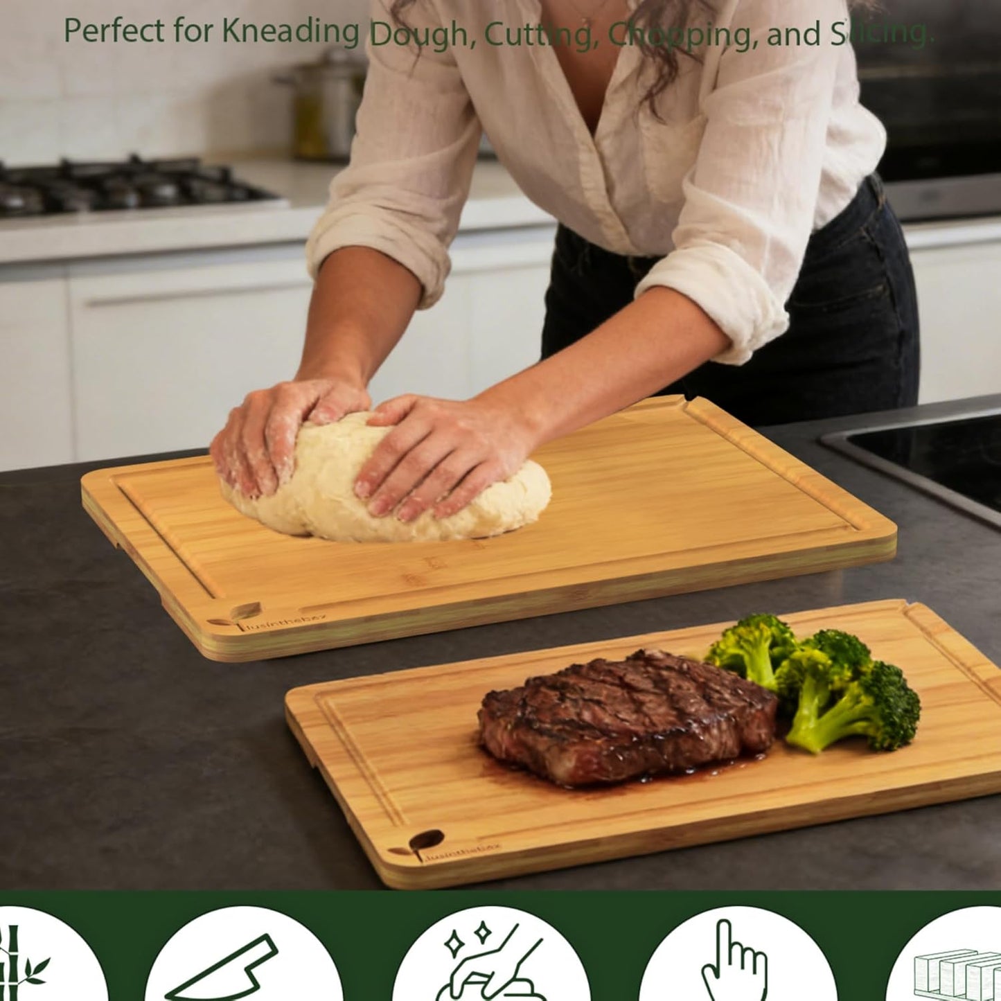 Cutting Boards for Kitchen, Bamboo Cutting Board Set of 3 with Storage Stand, Deep Carbonized Chopping Boards with Deep Juice Grooves and Side Handles for Meat, Vegetables, Fruit and Meal Prep