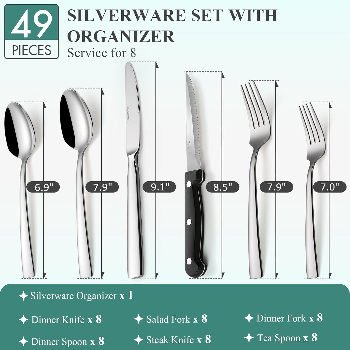 49-Piece Silverware Set with Bamboo Organizer for 8, Heavy-Duty Flatware Set with Steak Knives, Rust-Proof & Mirror Polished, Dishwasher Safe,Modern Hammered(organizer only for packaging)