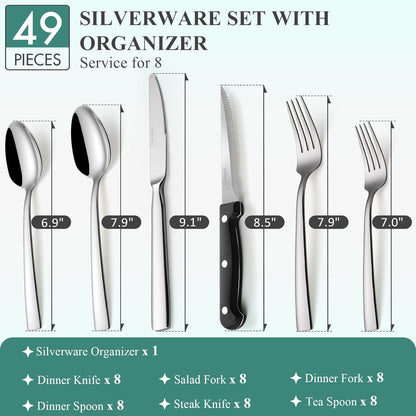 49-Piece Silverware Set with Bamboo Organizer for 8, Heavy-Duty Flatware Set with Steak Knives, Rust-Proof & Mirror Polished, Dishwasher Safe,Modern Hammered(organizer only for packaging)