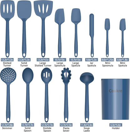 Coukre Silicone Kitchen Cooking Utensils Set with Holder – Heat-Resistant, Food-Grade Kitchen Tools, Spatula, Spoon & Gadgets for Non-Stick Pans, Dishwasher Safe (14, PureBlack)
