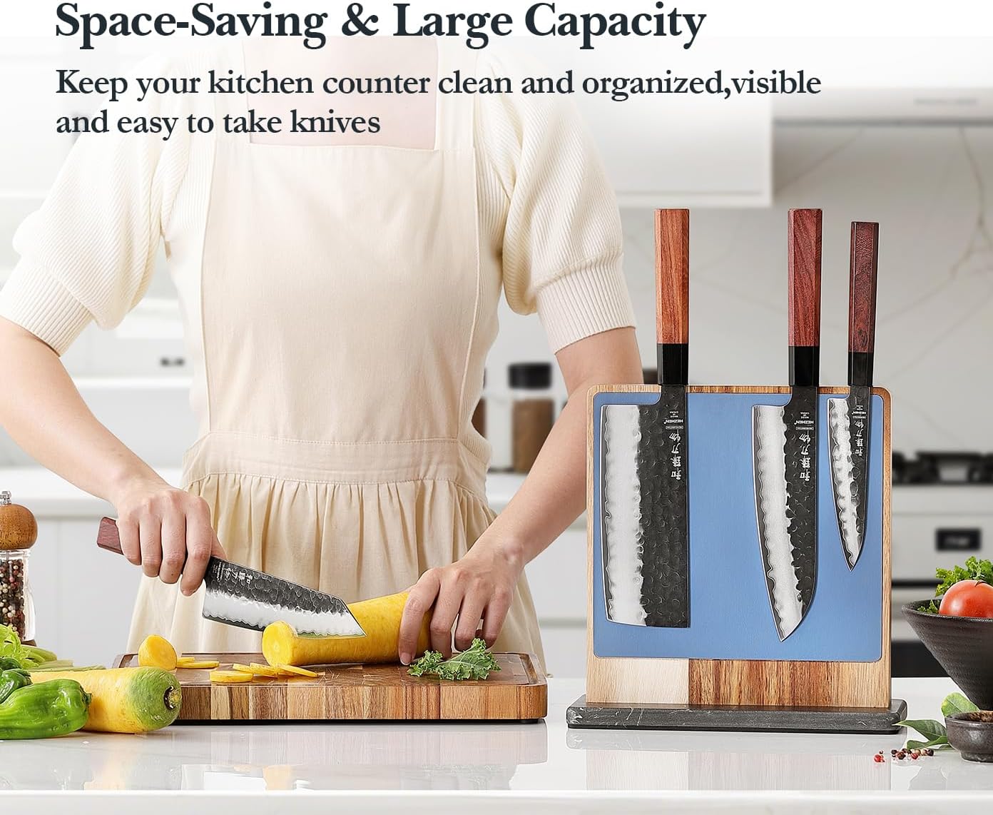 Strong Double Sided Magnetic Knife Block Without Knives, with Acacia Wood+430 Stainless Steel Base，Magnetic Universal Stands with Strong Enhanced Magnets Strip Kitchen Storage Cutlery Large Organizer