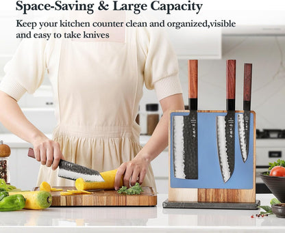 Strong Double Sided Magnetic Knife Block Without Knives, with Acacia Wood+430 Stainless Steel Base，Magnetic Universal Stands with Strong Enhanced Magnets Strip Kitchen Storage Cutlery Large Organizer