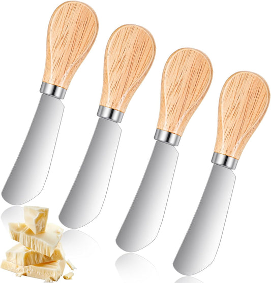 4Pcs Cheese Knife Spreader, Stainless Steel Cheese Spreaders Knives for Dips, Small Butter Knife Set with Wood Handle, Perfect for Soft Chees, Cold Butter, Jam, Charcuterie, Pastry