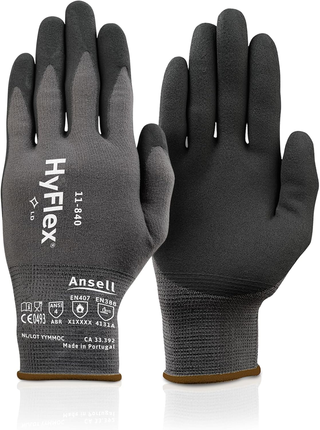 Ansell HyFlex 11-840 Ergonomic Abrasion-Resistant Nylon Spandex Nitrile Coated Industrial Gloves for Automotive, Fabrication