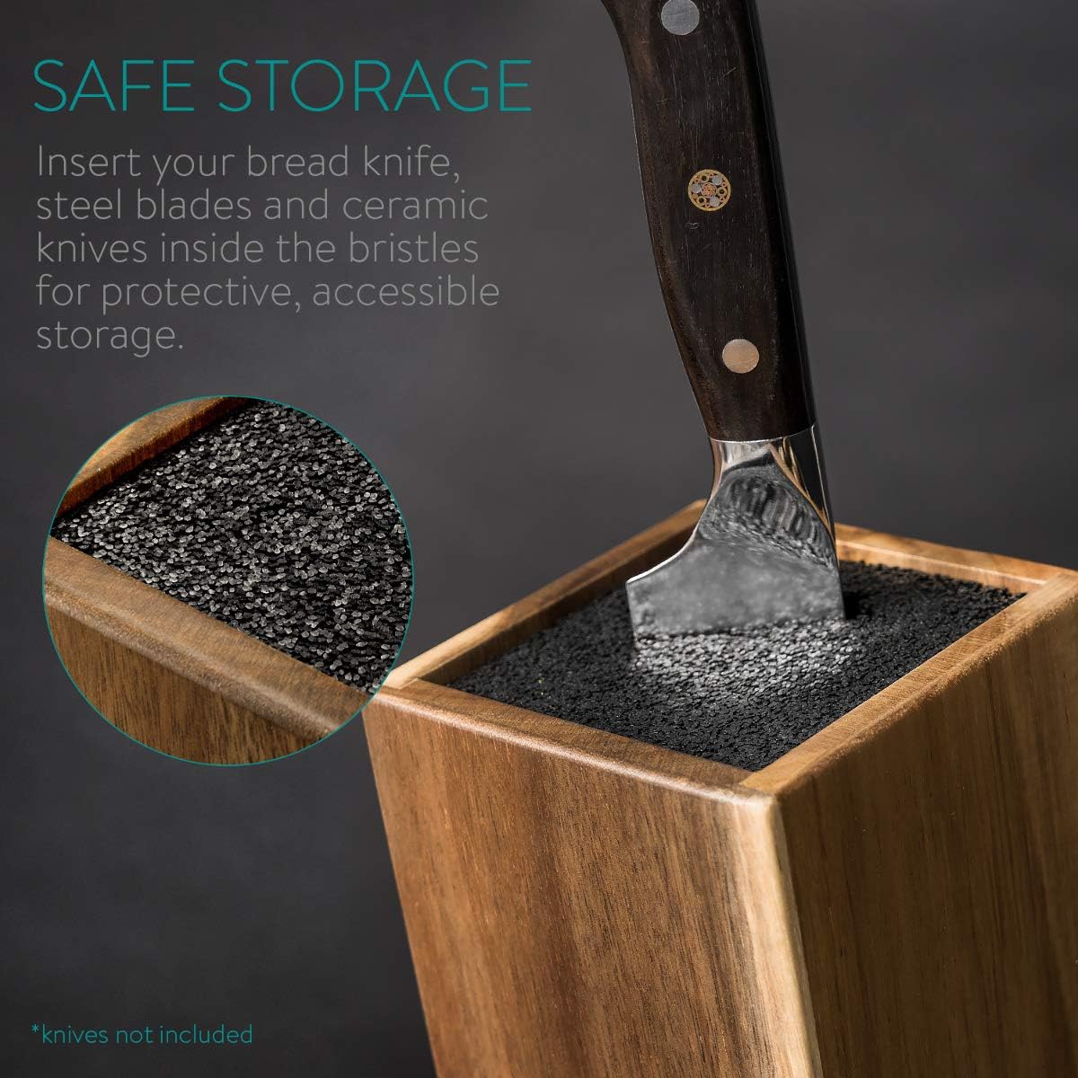 Navaris Universal Knife Block Holder - Rubber Wood Stand with Bristles to Fit Different Sizes of Knives - Angled Design, 9.8" x 5.9" x 4.1’" - Black
