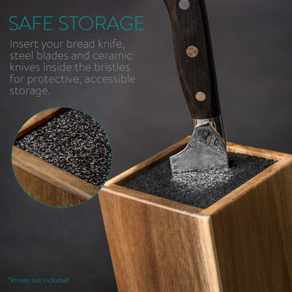 Navaris Universal Knife Block Holder - Rubber Wood Stand with Bristles to Fit Different Sizes of Knives - Angled Design, 9.8" x 5.9" x 4.1’" - Black