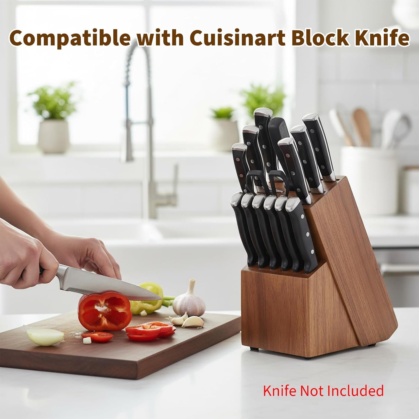 14-Slot Knife Block Compatible with Cuisinart,Rubberwood Block Knife Storage Organizer for Kitchen,Anti-Slip And Drainage Base