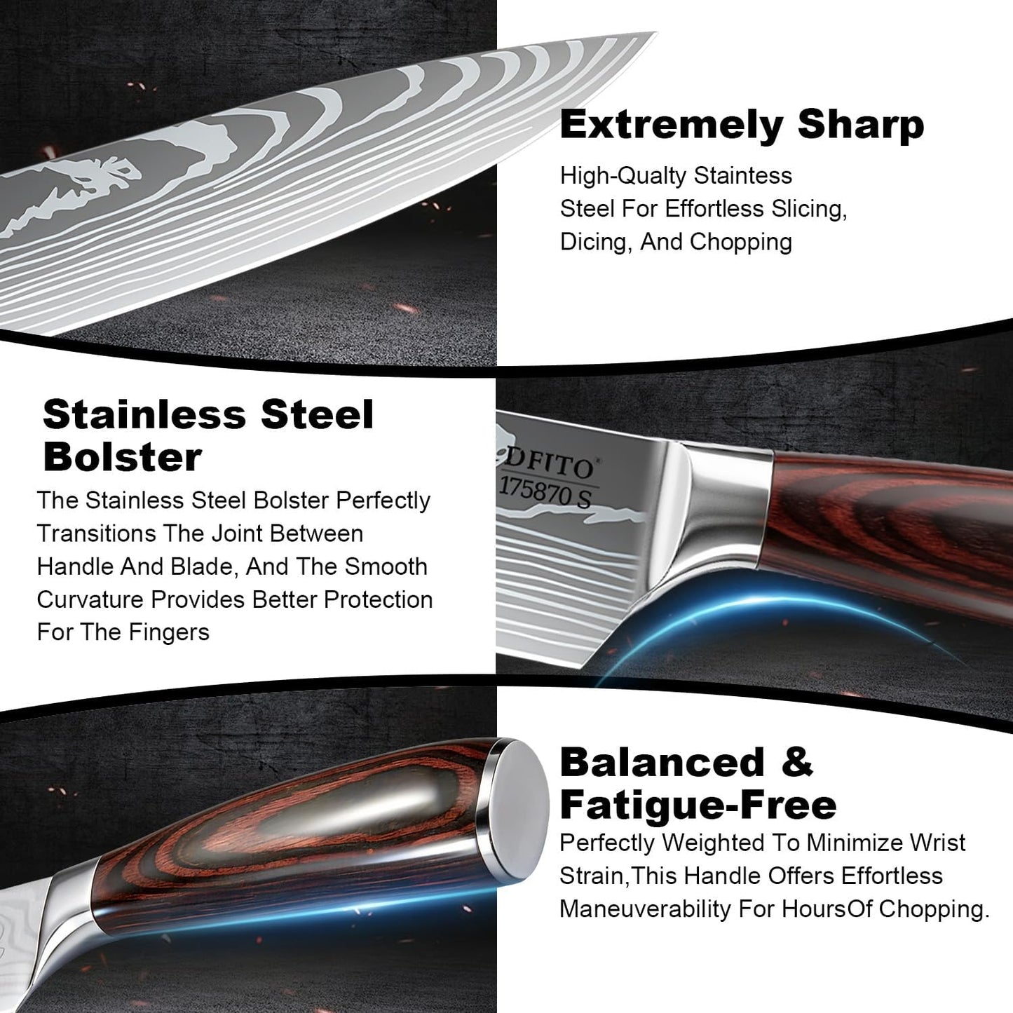 Dfito Kitchen Knife Set, 3 Pieces High Carbon Stainless Steel Chef Knife Set with Red Pakkawood Handle, Ultra Sharp Professional Chef Knives Sets for Home Cooking, Dishwasher Safe