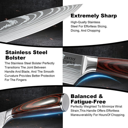 Dfito Kitchen Knife Set, 3 Pieces High Carbon Stainless Steel Chef Knife Set with Red Pakkawood Handle, Ultra Sharp Professional Chef Knives Sets for Home Cooking, Dishwasher Safe