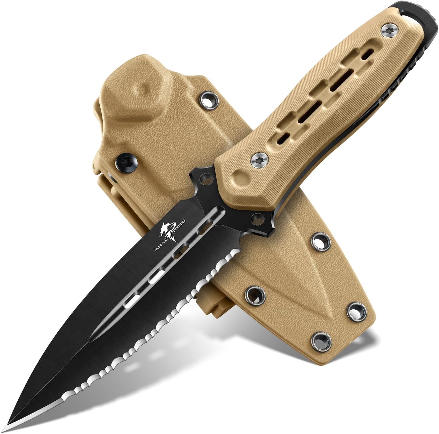 Purple Dragon Fixed Blade Knife with Kydex Sheath,440C Steel Full Tang Outdoor Utility Knife with G10 Handle for Camping, Hiking,Bushcraft & Outdoor Use-Black