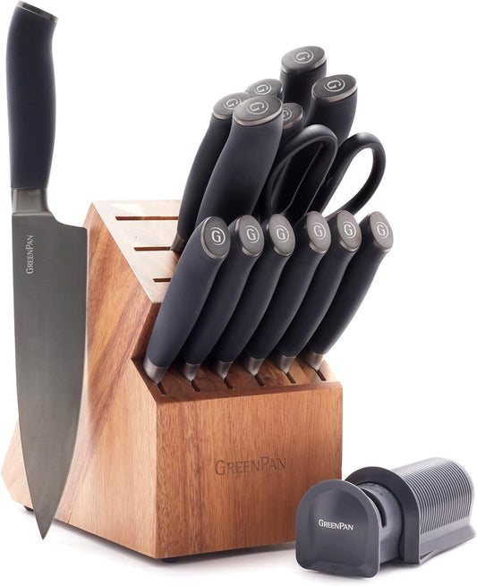 GreenPan Elite 8 Piece Steak Knife Set, Professional Stainless Steel Blades with Titanium Coating, Ultra-Sharp Dining Knives, Kitchen Cutlery, Ergonomic Wood Handles, Wooden Storage Box