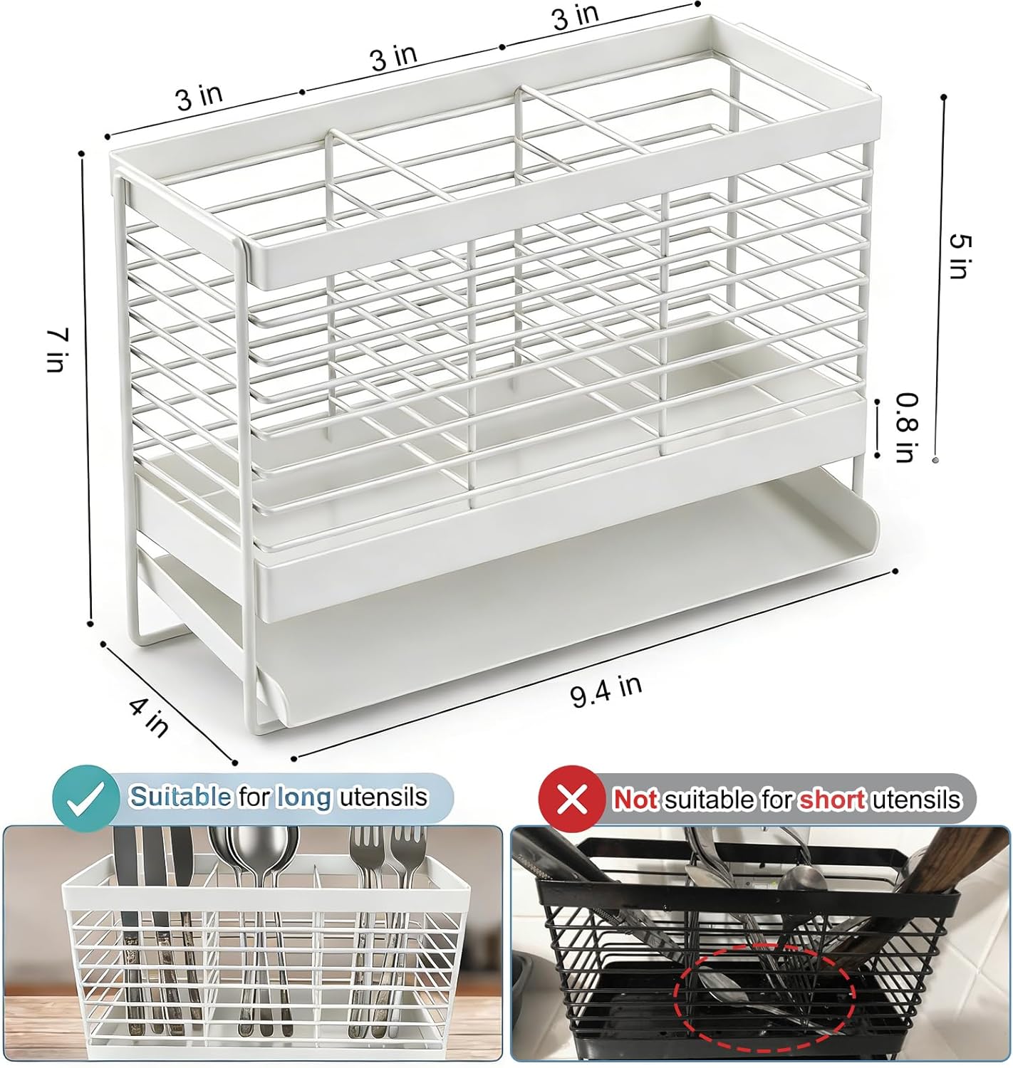 Utensil Holder, Upgrade Stainless Steel Utensil Drying Rack with Automatic Drain Tray for Kitchen Counter, Silverware Cutlery Organizer for Spoons, Forks, Knifes, Chopsticks (Black)
