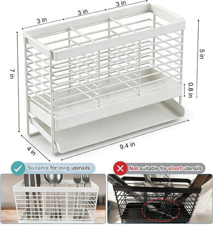 Utensil Holder, Upgrade Stainless Steel Utensil Drying Rack with Automatic Drain Tray for Kitchen Counter, Silverware Cutlery Organizer for Spoons, Forks, Knifes, Chopsticks (Black)