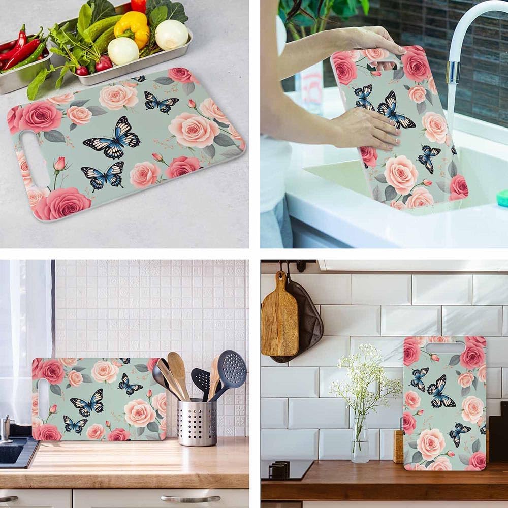 Coffee Set Cutting Board with Handles Coffee Maker Muffin Cup Flower Hot Drink Love Cutting Boards Plastic Safe Chopping Board for Kitchen 16" x 10" x 0.24"