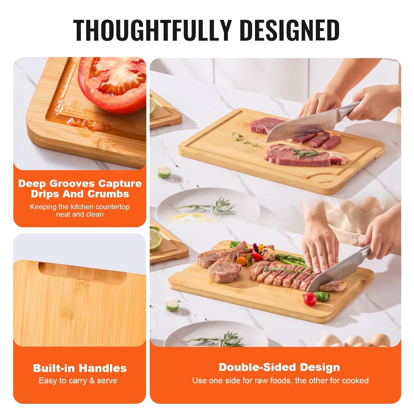 VEVOR Cutting Board 3 Pieces, Premium Versatile Bamboo Cutting Board, Food-Grade Oil and Juice Groove,Sturdy Durable Chopping Board, Built-in Handle, Wooden for Display Chopping Serving