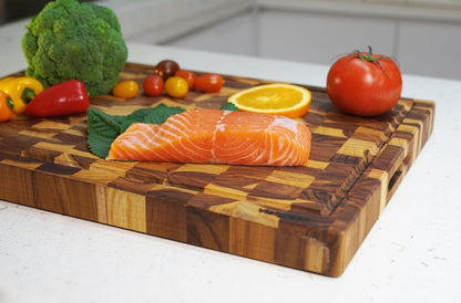 Teak Cutting Board - End Grain Butcher Block, 20 x 14 x 1.5 Inch Large Wood Board with Juice Groove & Side Handles, Extra Thick Carving Board for Meat Prep, BBQ & Charcuterie
