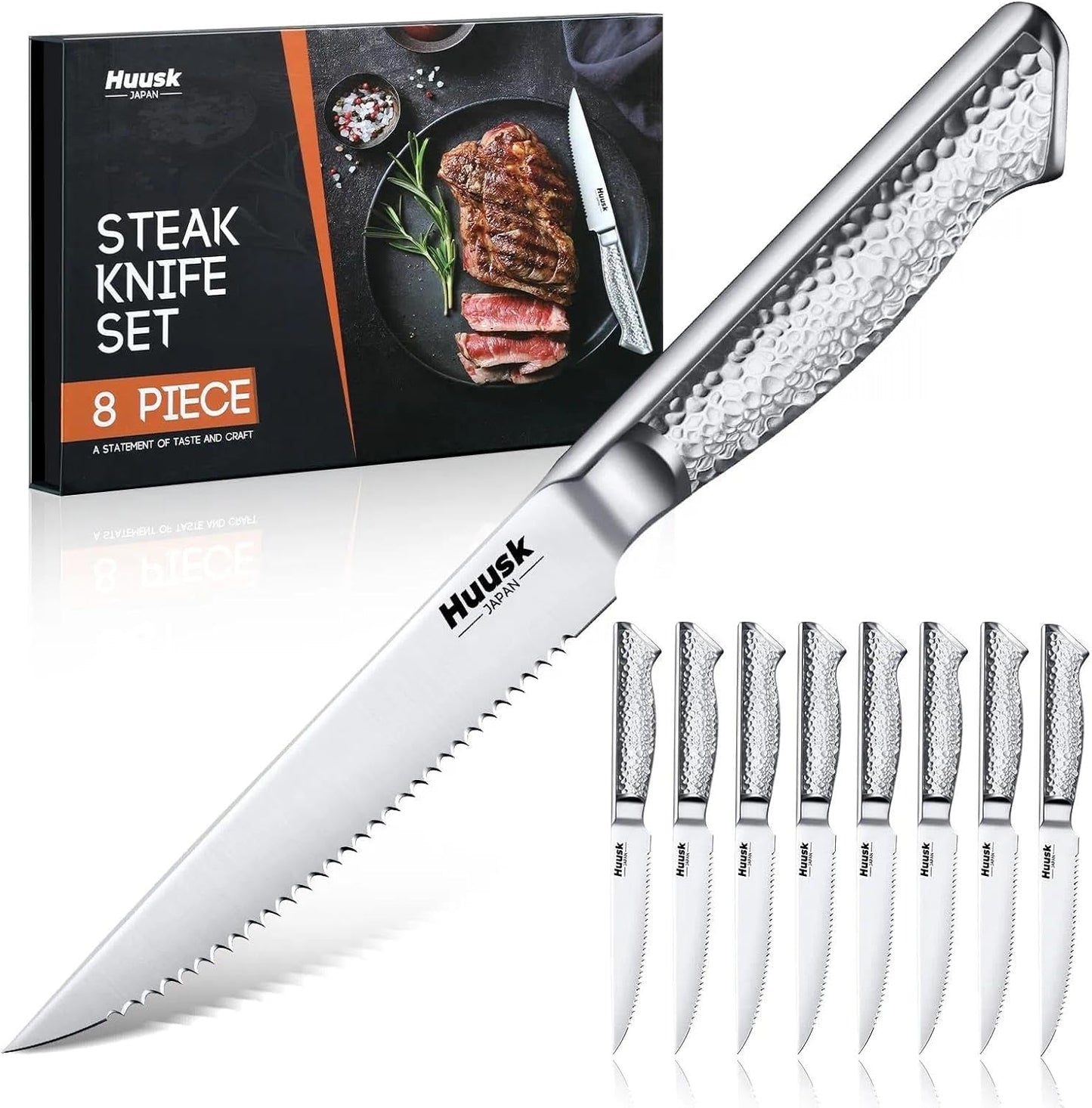 Huusk Japanese Steak Knives Set of 8-4.5" Serrated Steak Knife Set Dishwasher Safe, Stainless Steel Steaks Knives, One-Piece Structure with Anti-slip Handle, Gifts for Men Women