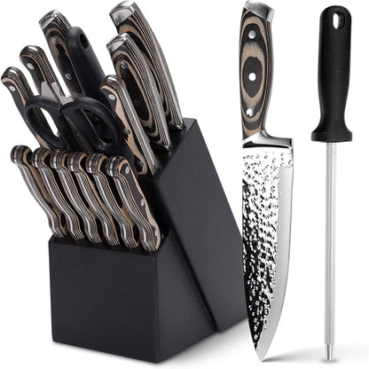 Kitchen Knife Sets with Block, 15-Piece High Carbon Stainless Steel Knife Block Set with Sharpener, Ultra-Sharp kitchen knives with Triple Rivet Wood Handle Perfect for Cooking Cut
