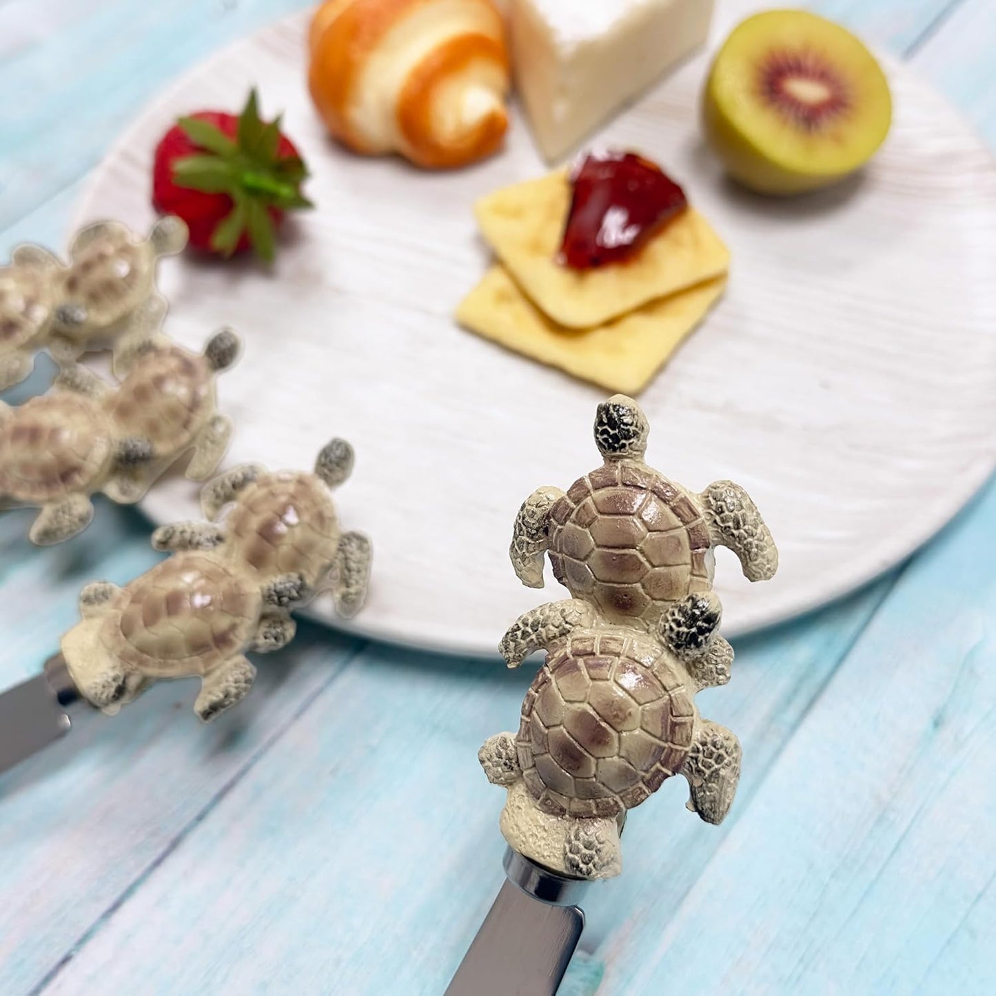 UP UPware Sea Turtle Cheese Spreaders, Hand-Painted Resin Handles with Stainless Steel Blades for Spreading Cream Cheese, Butter, Jam, or Sandwich, Set of 4