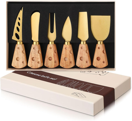Zhehao 6 Pcs Gold Cheese Knives Set Tools Stainless Steel Cheese Slicer and Cutters for Kitchen Board Knife Set for Kitchen Charcuterie Board Accessories Housewarming Gift