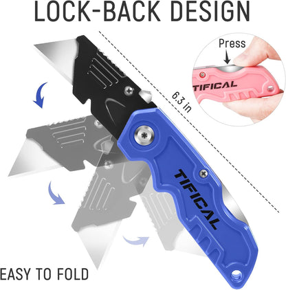 4 Pack Box Cutter Folding Utility Knife, Extra 10 Blades Included, Quick Change Blades, Lock-Back Design, Box Cutters for Carton, Cardboard, Boxes, Razor Knife Box Opener