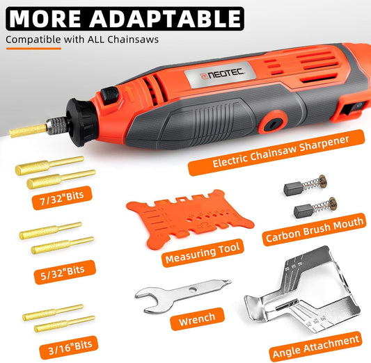 NEO-TEC Electric Chainsaw Sharpener Kit On-Saw Quick Sharpening Tool with Angle Guide 6 Titanium Diamond Bits Restores Dull Chains in Minutes for Forestry Professionals and DIY Yard Work
