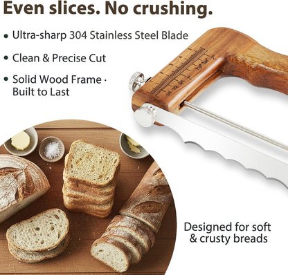 Adjustable Bread Slicer for Sourdough — Precision Homemade Bread Knife with Thickness Guide, Sharp Stainless Serrated Blade, Wooden Frame, Bread Cutter for Baguettes, Gift for Bakers, Mother's Day