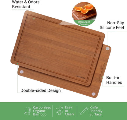 Bamboo Cutting Board Set, 3-Piece Carbonized Wood Cutting Boards with Deep Juice Groove, Non-Slip Feet & Handles – Durable Cutting Board for Meat, Vegetables, Fruits, Charcuterie, Ideal Kitchen Gift