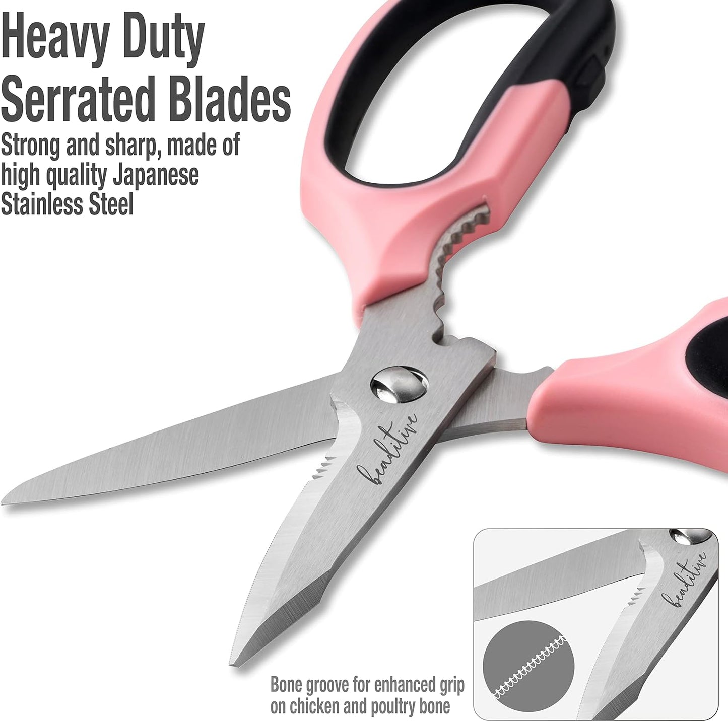 Beaditive Multi-Purpose 8" Kitchen Shears - Detachable, Serrated Blades, Japanese Stainless Steel - Ergonomic Handle, Protective Cover - Dishwasher Safe