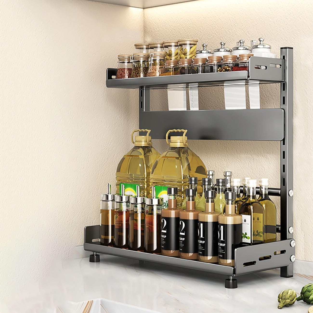 Spice Rack Organizer, 3-Tier Height-Adjustable Kitchen Countertop Spice Organizer Shelf, Metal Rust-Proof Standing Large Seasoning Organizer with Guardrail & Knife Block for Kitchen Bathroom