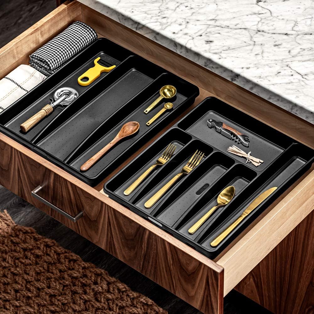 madesmart Premium Silverware Tray, 6 Compartment Flatware Organizer for Forks, Knives & Spoons, Non Slip, Soft Grip Lining, Durable Drawer Organizer, Black