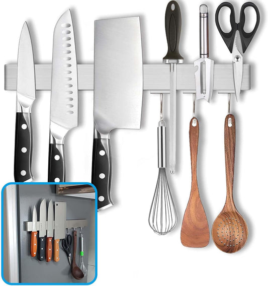 17.5" Magnetic Knife Holder for Wall with Hooks - No Drill Adhesive Mount - 304 Stainless Steel Knife Magnetic Strip