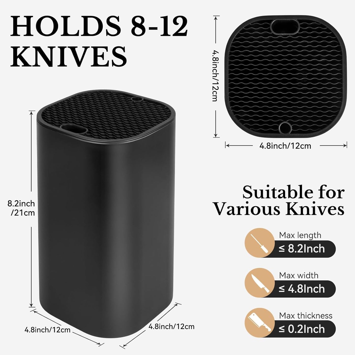 Ninonly Black Knife Block Without Knives 3 in 1 Universal Square Knife Holder Without Knives with Scissors Slot and Sharpening Rod Detachable Kitchen Knife Holder for Easy Cleaning Space Saver