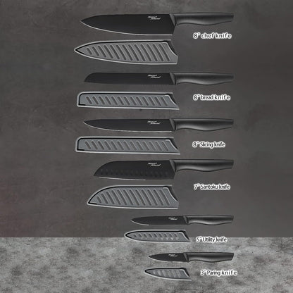 Kitchen Knife Set, KYA38 12-Piece Kitchen Knives Set with Covers, Marco Almond® 6 Knives with 6 Blade Guards, Stainless Steel Cooking Knives Set for Kitchen, Black