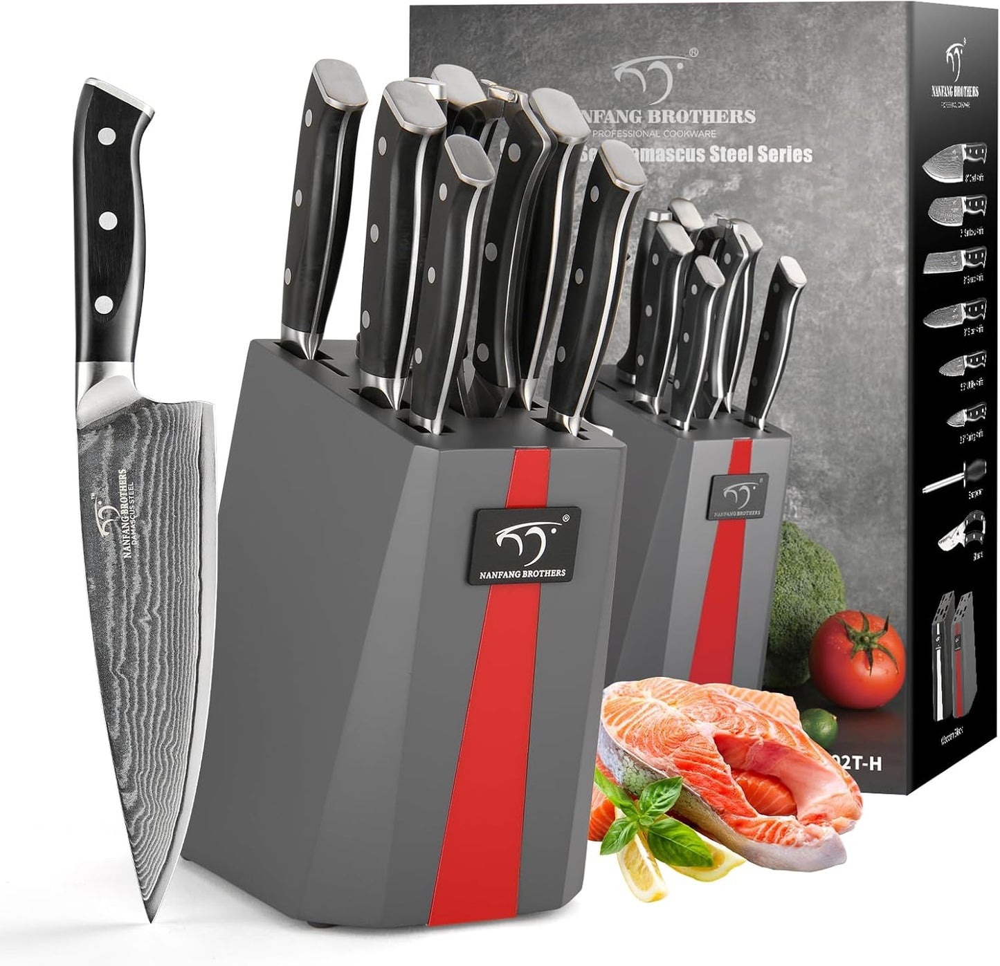 NANFANG BROTHERS Knife Sets for Kitchen with Block, Damasucs Kitchen Knife Sets 9 Pieces with Ergonomic Triple Rivet Handle, Kitchen Knives for Chopping, Slicing, Dicing & Cutting