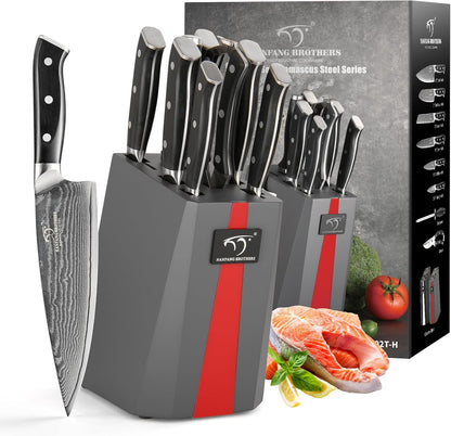 NANFANG BROTHERS Knife Sets for Kitchen with Block, Damasucs Kitchen Knife Sets 9 Pieces with Ergonomic Triple Rivet Handle, Kitchen Knives for Chopping, Slicing, Dicing & Cutting