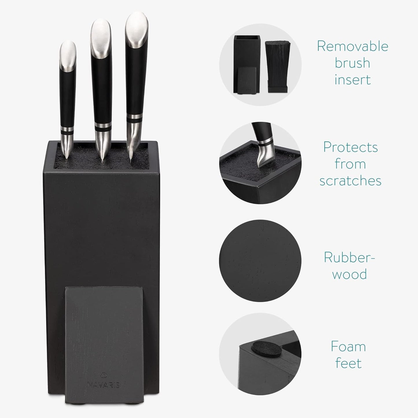 Navaris Universal Knife Block Holder - Rubber Wood Stand with Bristles to Fit Different Sizes of Knives - Angled Design, 9.8" x 5.9" x 4.1’" - Black
