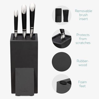 Navaris Universal Knife Block Holder - Rubber Wood Stand with Bristles to Fit Different Sizes of Knives - Angled Design, 9.8" x 5.9" x 4.1’" - Black