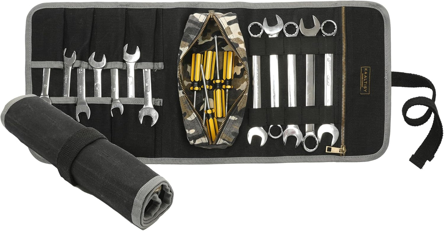 16OZ Waxed Canvas Tool Roll Bag, Heavy Duty Tool Storage Roll Bag with 7 Tool Slots & 1 Detachable Pouch, Khaki Tool Organizer for Wrenches and Tools (23.5"L x 9.5"W)