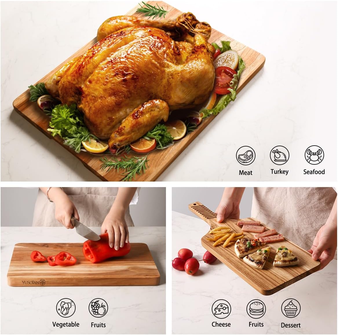Teak Wood Cutting Board Set of 3 for Kitchen, Thick Chopping Board, Large Wooden Cutting Board Set, Wooden Trays for Turkeys, Meat, Fruit and Cheese