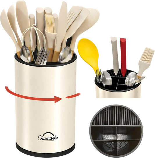 3-in-1 Kitchen Utensil Holder for Countertop with Knife Block and Silverware Caddy. (Silver)