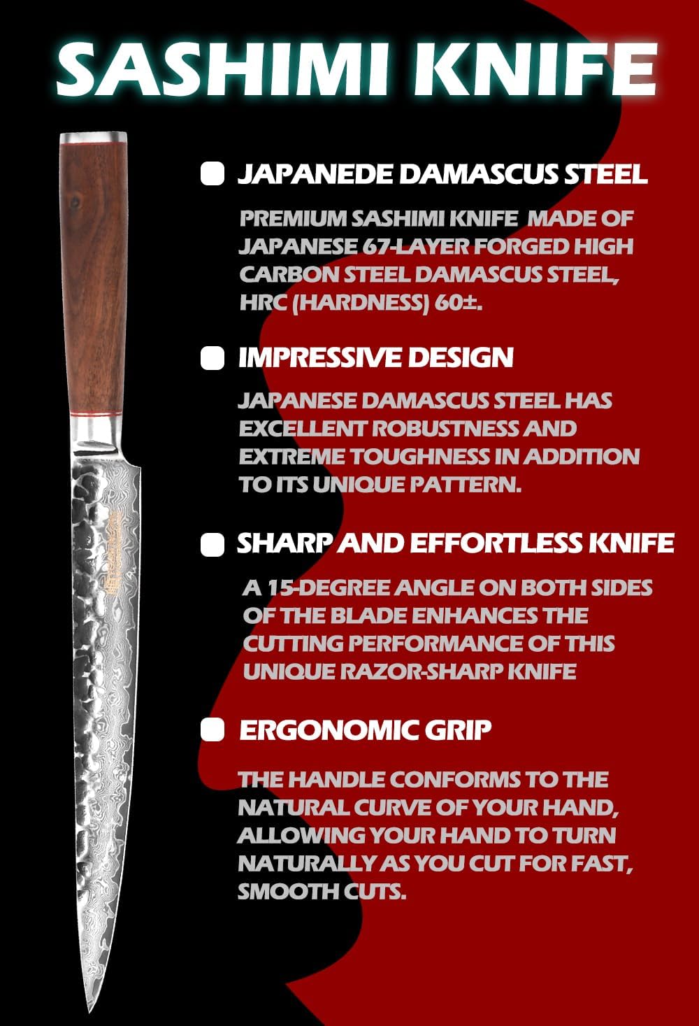 YOUSUNLONG Sashimi Fish Fillet Knife 10 Inch (254mm) Left-Right Handed Carving Knife Japanese 67 layer Damascus Steel Natural Walnut Wood Sheath with Leather