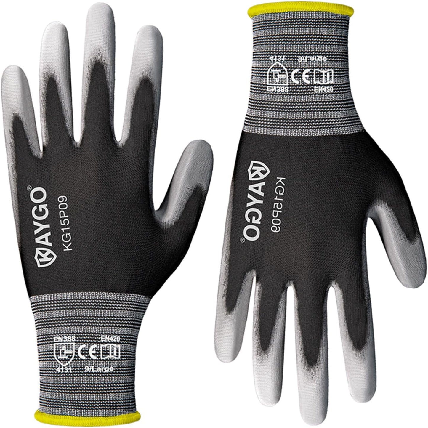 KAYGO Ultra Thin PU Coated Safety Work Gloves, 12 Pairs Nylon Knit, High Dexterity Anti-Slip Breathable Light Duty Gloves for Precision, Warehouse, DIY & Electronics (L,Gray)