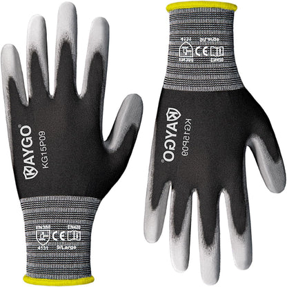 KAYGO Ultra Thin PU Coated Safety Work Gloves, 12 Pairs Nylon Knit, High Dexterity Anti-Slip Breathable Light Duty Gloves for Precision, Warehouse, DIY & Electronics (L,Gray)