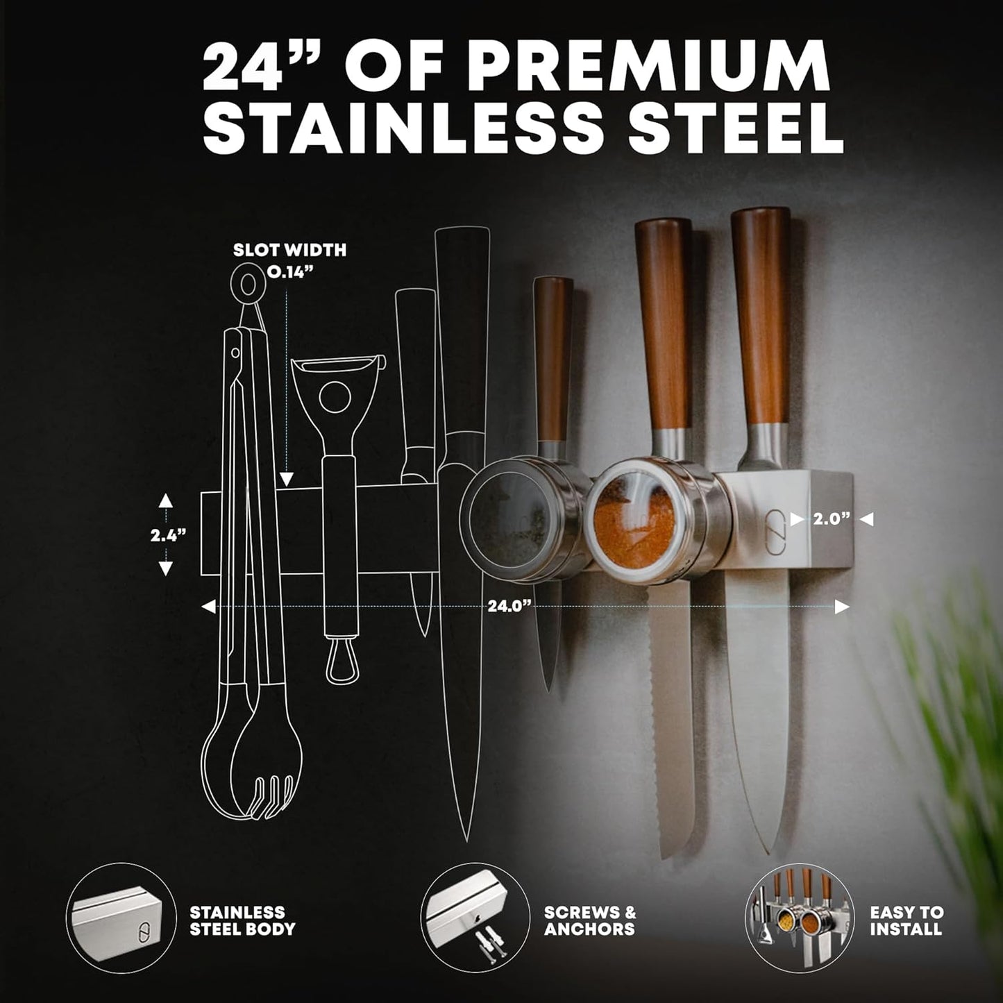 16" Magnetic Knife Holder for Wall with 2x Storage - Safe, Patented Design - Stainless Steel Knife Magnetic Strip, Under Cabinet Knives Storage - Magnet Strip Rack Kitchen Utensil Organizer