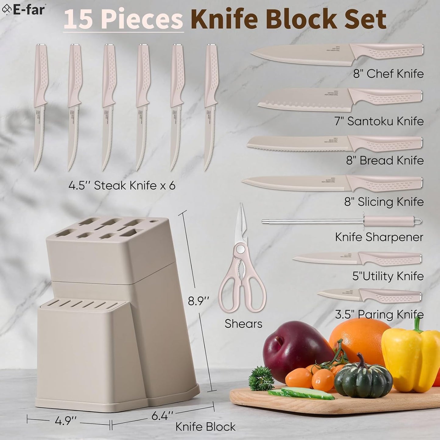 E-far Knife Set, 15-Piece Kitchen Knife Block Set with Sharpener, High Carbon Steel Chef Paring Steak Knives with Ergonomic Non-Slip Handle, Anti-Rust & Razor Sharp, White