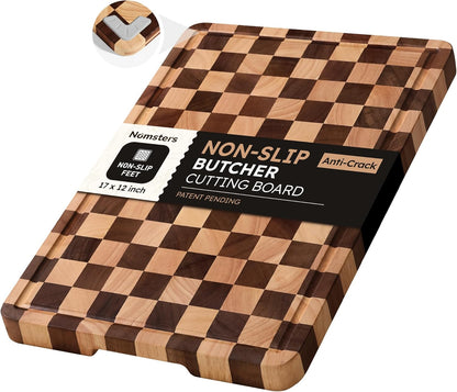 3 Packs Cutting Boards for Kitchen Checkered Cutting Board Acacia Wood Charcuterie Board Serving Heavy Duty Non Toxic Slip Butcher Block Wood Chopping Board with Juice Grooves Handles